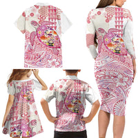 Hawaiian and Japanese Culture Together Family Matching Long Sleeve Bodycon Dress and Hawaiian Shirt Tropical Honu with Japanese Elements Pink Color
