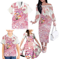 Hawaiian and Japanese Culture Together Family Matching Off The Shoulder Long Sleeve Dress and Hawaiian Shirt Tropical Honu with Japanese Elements Pink Color