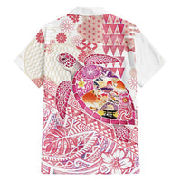Hawaiian and Japanese Culture Together Family Matching Off The Shoulder Long Sleeve Dress and Hawaiian Shirt Tropical Honu with Japanese Elements Pink Color