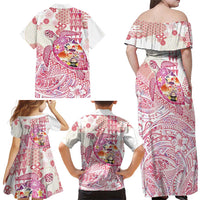 Hawaiian and Japanese Culture Together Family Matching Off Shoulder Maxi Dress and Hawaiian Shirt Tropical Honu with Japanese Elements Pink Color