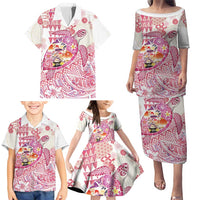 Hawaiian and Japanese Culture Together Family Matching Puletasi and Hawaiian Shirt Tropical Honu with Japanese Elements Pink Color