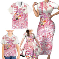 Hawaiian and Japanese Culture Together Family Matching Short Sleeve Bodycon Dress and Hawaiian Shirt Tropical Honu with Japanese Elements Pink Color