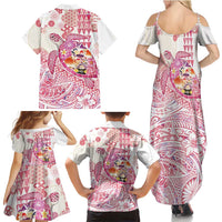 Hawaiian and Japanese Culture Together Family Matching Summer Maxi Dress and Hawaiian Shirt Tropical Honu with Japanese Elements Pink Color