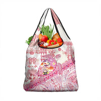 Hawaiian and Japanese Culture Together Grocery Bag Tropical Honu with Japanese Elements Pink Color