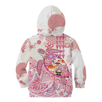 Hawaiian and Japanese Culture Together Kid Hoodie Tropical Honu with Japanese Elements Pink Color