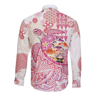 Hawaiian and Japanese Culture Together Long Sleeve Button Shirt Tropical Honu with Japanese Elements Pink Color