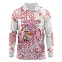 Hawaiian and Japanese Culture Together Long Sleeve Polo Shirt Tropical Honu with Japanese Elements Pink Color