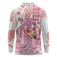 Hawaiian and Japanese Culture Together Long Sleeve Polo Shirt Tropical Honu with Japanese Elements Pink Color
