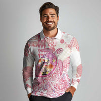 Hawaiian and Japanese Culture Together Long Sleeve Polo Shirt Tropical Honu with Japanese Elements Pink Color