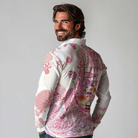 Hawaiian and Japanese Culture Together Long Sleeve Polo Shirt Tropical Honu with Japanese Elements Pink Color