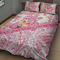 Hawaiian and Japanese Culture Together Quilt Bed Set Tropical Honu with Japanese Elements Pink Color