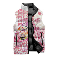 Hawaiian and Japanese Culture Together Sleeveless Puffer Jacket Tropical Honu with Japanese Elements Pink Color