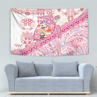 Hawaiian and Japanese Culture Together Tapestry Tropical Honu with Japanese Elements Pink Color