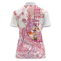 Hawaiian and Japanese Culture Together Women Polo Shirt Tropical Honu with Japanese Elements Pink Color