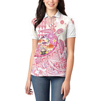 Hawaiian and Japanese Culture Together Women Polo Shirt Tropical Honu with Japanese Elements Pink Color