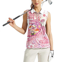 Hawaiian and Japanese Culture Together Women Sleeveless Polo Shirt Tropical Honu with Japanese Elements Pink Color