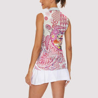 Hawaiian and Japanese Culture Together Women Sleeveless Polo Shirt Tropical Honu with Japanese Elements Pink Color