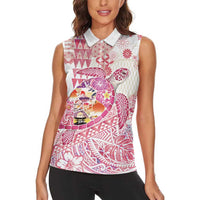 Hawaiian and Japanese Culture Together Women Sleeveless Polo Shirt Tropical Honu with Japanese Elements Pink Color