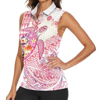 Hawaiian and Japanese Culture Together Women Sleeveless Polo Shirt Tropical Honu with Japanese Elements Pink Color