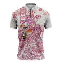 Hawaiian and Japanese Culture Together Zipper Polo Shirt Tropical Honu with Japanese Elements Pink Color