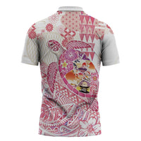 Hawaiian and Japanese Culture Together Zipper Polo Shirt Tropical Honu with Japanese Elements Pink Color