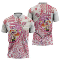 Hawaiian and Japanese Culture Together Zipper Polo Shirt Tropical Honu with Japanese Elements Pink Color