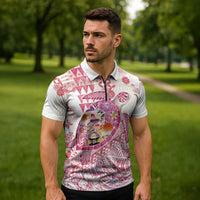 Hawaiian and Japanese Culture Together Zipper Polo Shirt Tropical Honu with Japanese Elements Pink Color
