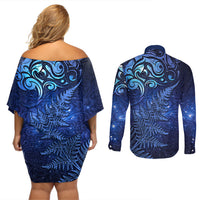 New Zealand Matariki Couples Matching Off Shoulder Short Dress and Long Sleeve Button Shirt Maori Pattern and Silver Fern