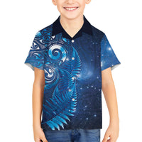 Aotearoa New Zealand New Year Family Matching Tank Maxi Dress and Hawaiian Shirt Tribal Koru Tattoo Blue Galaxy Maori Silver Fern LT03 Son's Shirt Blue - Polynesian Pride