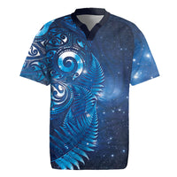 Aotearoa New Zealand New Year Rugby Jersey Tribal Koru Tattoo Blue Galaxy Maori Silver Fern