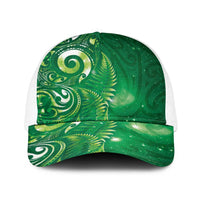 Aotearoa New Zealand New Year Baseball Net Cap Tribal Koru Tattoo Green Galaxy Maori Silver Fern LT03 One Size White Green - Polynesian Pride