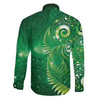 Aotearoa New Zealand New Year Family Matching Off Shoulder Short Dress and Hawaiian Shirt Tribal Koru Tattoo Green Galaxy Maori Silver Fern LT03 - Polynesian Pride