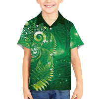 Aotearoa New Zealand New Year Family Matching Off Shoulder Short Dress and Hawaiian Shirt Tribal Koru Tattoo Green Galaxy Maori Silver Fern LT03 Son's Shirt Green - Polynesian Pride
