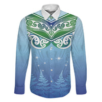 Aotearoa New Zealand New Year Family Matching Mermaid Dress and Hawaiian Shirt Maori Motifs with Silver Fern and Matariki Stars LT03 Dad's Shirt - Long Sleeve Multicolor - Polynesian Pride