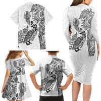 Aotearoa Moko Tribal Tattoo Family Matching Long Sleeve Bodycon Dress and Hawaiian Shirt New Zealand Maori Penguin and Fantail White Color LT03 - Polynesian Pride