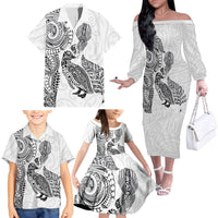 Aotearoa Moko Tribal Tattoo Family Matching Off The Shoulder Long Sleeve Dress and Hawaiian Shirt New Zealand Maori Penguin and Fantail White Color LT03 - Polynesian Pride