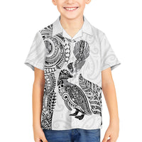 Aotearoa Moko Tribal Tattoo Family Matching Off The Shoulder Long Sleeve Dress and Hawaiian Shirt New Zealand Maori Penguin and Fantail White Color LT03 Son's Shirt White - Polynesian Pride