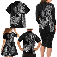 Aotearoa Moko Tribal Tattoo Family Matching Long Sleeve Bodycon Dress and Hawaiian Shirt New Zealand Maori Penguin and Fantail Black Color LT03 - Polynesian Pride
