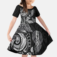 Aotearoa Moko Tribal Tattoo Family Matching Off The Shoulder Long Sleeve Dress and Hawaiian Shirt New Zealand Maori Penguin and Fantail Black Color LT03 Daughter's Dress Black - Polynesian Pride