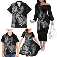 Aotearoa Moko Tribal Tattoo Family Matching Off The Shoulder Long Sleeve Dress and Hawaiian Shirt New Zealand Maori Penguin and Fantail Black Color LT03 - Polynesian Pride