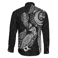 Aotearoa Moko Tribal Tattoo Family Matching Off The Shoulder Long Sleeve Dress and Hawaiian Shirt New Zealand Maori Penguin and Fantail Black Color LT03 - Polynesian Pride