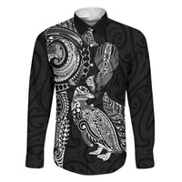 Aotearoa Moko Tribal Tattoo Family Matching Off Shoulder Maxi Dress and Hawaiian Shirt New Zealand Maori Penguin and Fantail Black Color LT03 Dad's Shirt - Long Sleeve Black - Polynesian Pride