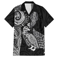 Aotearoa Moko Tribal Tattoo Family Matching Off Shoulder Short Dress and Hawaiian Shirt New Zealand Maori Penguin and Fantail Black Color LT03 Dad's Shirt - Short Sleeve Black - Polynesian Pride