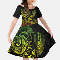 Aotearoa Moko Tribal Tattoo Family Matching Long Sleeve Bodycon Dress and Hawaiian Shirt New Zealand Maori Penguin and Fantail Reggae Style LT03 Daughter's Dress Multicolor - Polynesian Pride