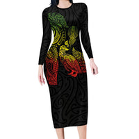 Aotearoa Moko Tribal Tattoo Long Sleeve Bodycon Dress New Zealand Maori Penguin and Fantail Reggae Style LT03 Long Dress Multicolor - Polynesian Pride