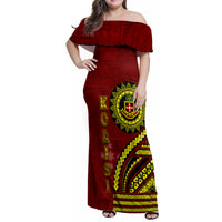 Kolisi Tonga Atele Family Matching Off Shoulder Maxi Dress and Hawaiian Shirt Ngatu and Polynesian Pattern LT03 Mom's Dress Red - Polynesian Pride