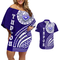Tupou College Toloa Couples Matching Off Shoulder Short Dress and Hawaiian Shirt Ngatu and Polynesian Pattern