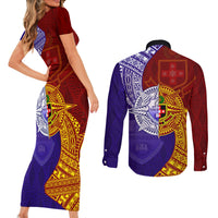 Kolisi Tonga Atele and Tupou College Toloa Couples Matching Short Sleeve Bodycon Dress and Long Sleeve Button Shirt Ngatu and Polynesian Spiral Pattern