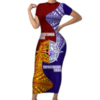Kolisi Tonga Atele and Tupou College Toloa Short Sleeve Bodycon Dress Ngatu and Polynesian Spiral Pattern LT03 Long Dress Red - Polynesian Pride