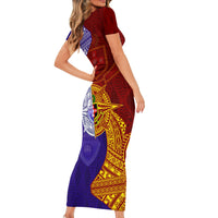 Kolisi Tonga Atele and Tupou College Toloa Short Sleeve Bodycon Dress Ngatu and Polynesian Spiral Pattern LT03 - Polynesian Pride